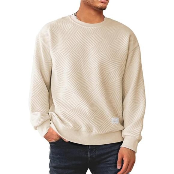 Men Men's Crewneck Sweat Soild Color Geometric‎ Texture Long Sleeve Casual Shirt - Picture 2 of 6